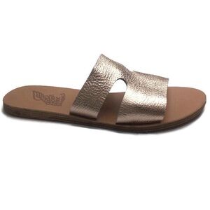 Ancient Greek Sandals Apteros Rose Gold Metallic Leather Cutout Slide Sandals